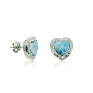 S. Silver and Larimar Heart-Shaped Stud Earrings - 8 mm