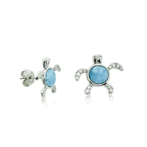 S. Silver and Larimar Honu Round CZ Stud Earrings - 6 mm