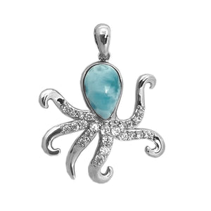 S. Silver and Larimar Octopus CZ Pendant - 1.25 in.