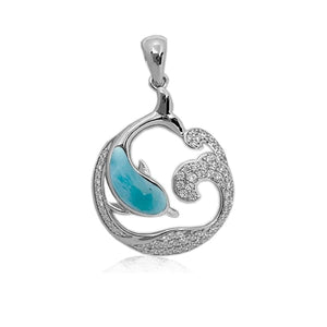 S. Silver and Larimar Dolphin Wave CZ Pendant - 1.25 in.