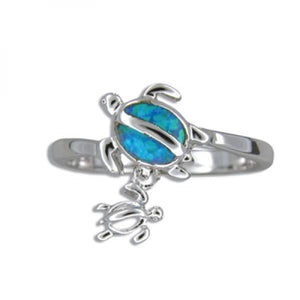 Sterling Silver Hawaiian Blue Opal Mother & Baby Honu Ring