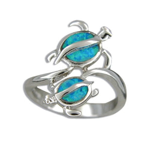 Sterling Silver Hawaiian Blue Opal Double Honu Ring