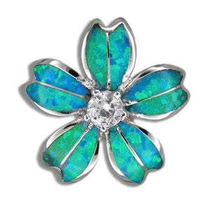 Sterling Silver Hawaiian Blue Opal Fancy Plumeria Pendant