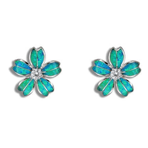 Sterling Silver Hawaiian Blue Opal Fancy Plumeria Earrings