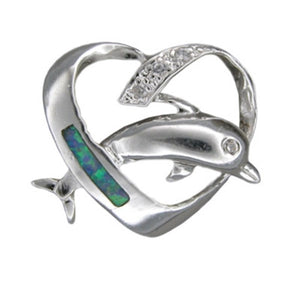 Sterling Silver Hawaiian Dolphin Through Heart Blue Opal Pendant