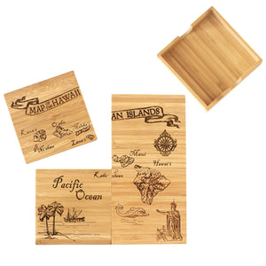 Vintage Hawaiian Map Puzzle 4 Piece Bamboo Coaster Set with Case