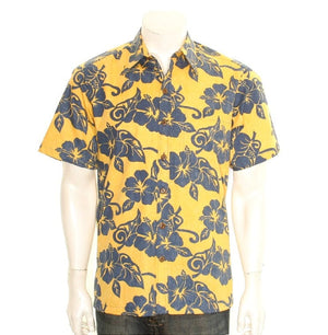 Men's Hibiscus Reverse Print Cotton Aloha Shirt H73615 ~ Yellow