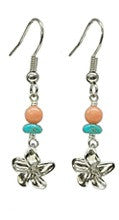 Plumeria Charm Pink and Turquoise Bead Earrings