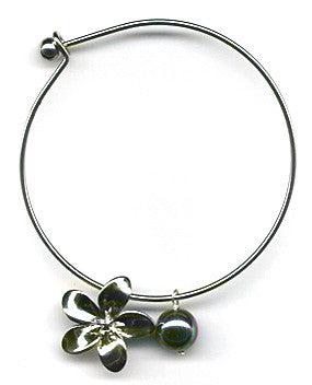 Black Mother of Pearl and Plumeria Charm Bangle Bracelet