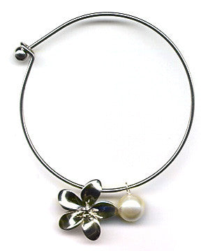 White Mother of Pearl and Plumeria Charm Bangle Bracelet