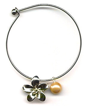 Golden Mother of Pearl and Plumeria Charm Bangle Bracelet