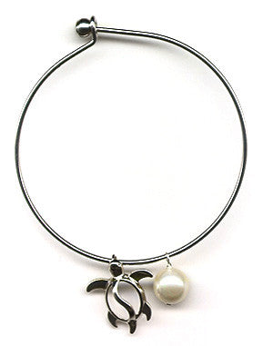 White Mother of Pearl and Honu Charm Bangle Bracelet