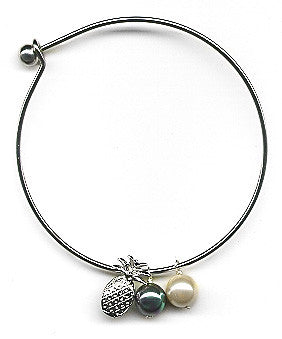 White and Black Mother of Pearls with Pineapple Charm Bangle Bracelet