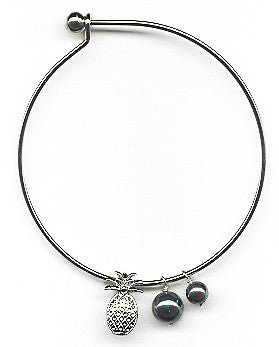 Black Mother of Pearls and Pineapple Charm Bangle Bracelet