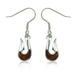 Sterling Silver Koa Wood Fish Hook Dangle Earrings