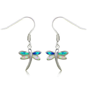 Sterling Silver Rainbow Opal Dragonfly Dangle Earrings