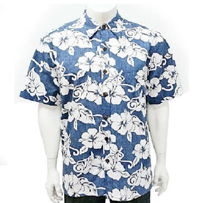 Men's Hibiscus Reverse Print Cotton Aloha Shirt H73615 ~ Blue