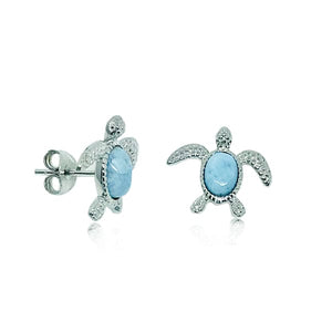 S. Silver and Larimar Small Honu Stud Earrings - 8 mm
