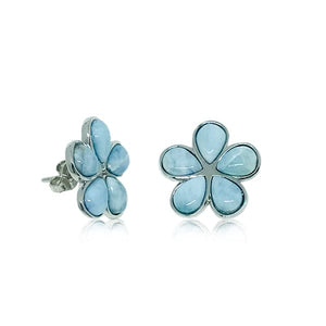 S. Silver and Larimar Plumeria Stud Earrings - 15 mm