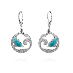 S. Silver and Larimar Dolphin Wave CZ Earrings - 1.25 in.