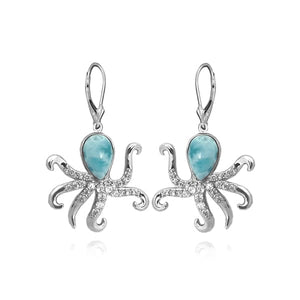 S. Silver and Larimar Octopus CZ Earrings - 1.5 in.