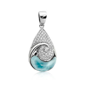 S. Silver and Larimar Teardrop Wave CZ Pendant - 1 in.