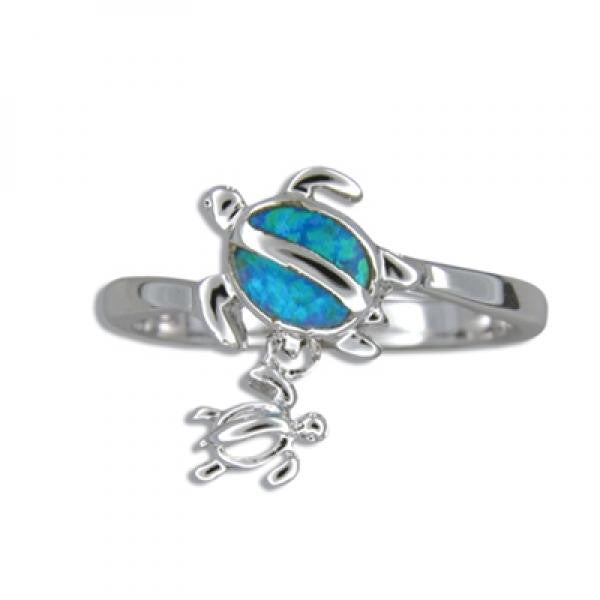 Sterling Silver Hawaiian Blue Opal Mother & Baby Honu Ring - Hilo Hattie®