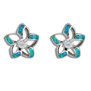 Sterling Silver Hawaiian Cut-in Blue Opal Plumeria Earrings