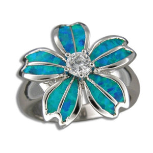 Sterling Silver Hawaiian Blue Opal Fancy Plumeria Ring