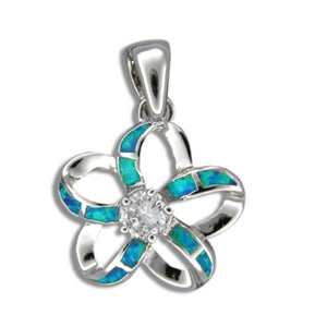 Sterling Silver Hawaiian Cut Out Blue Opal Plumeria Pendant-Small