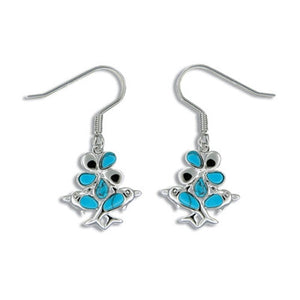 Sterling Silver Hawaiian Blue Turquoise Plumeria & Dolphin Bouquet Earrings