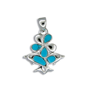 Sterling Silver Hawaiian Blue Turquoise Plumeria & Dolphin Bouquet Pendant