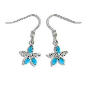 Sterling Silver Hawaiian Blue Turquoise Plumeria CZ Earrings