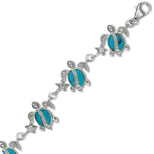 Sterling Silver Hawaiian Blue Turquoise Honu & Stars CZ Bracelet