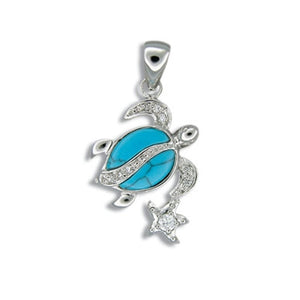 Sterling Silver Hawaiian Blue Turquoise Honu & Stars Pendant