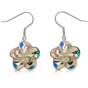 Sterling Silver Hawaiian Rainbow Opal Plumeria Dangle Earrings