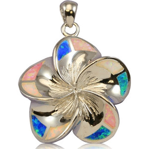 Sterling Silver Hawaiian Rainbow Opal Plumeria Pendant~30mm