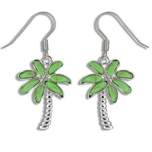 Sterling Silver Hawaiian Green Turquoise Palm Tree Dangle Earrings~Large