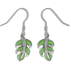 Sterling Silver Hawaiian Green Turquoise Monstera Leaf CZ Dangle Earrings