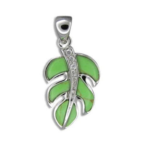 Sterling Silver Hawaiian Green Turquoise Monstera Leaf CZ Pendant