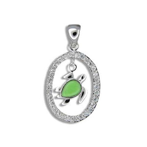 Sterling Silver Hawaiian Green Turquoise Honu CZ Oval Pendant