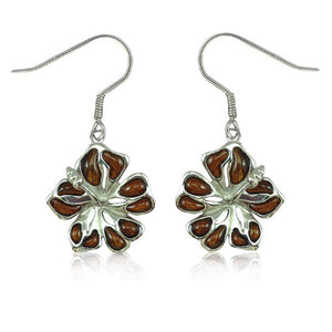 Sterling Silver Koa Wood Hibiscus Dangle Earrings~15MM