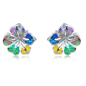 Sterling Silver Rainbow Opal Hibiscus Earrings~15MM