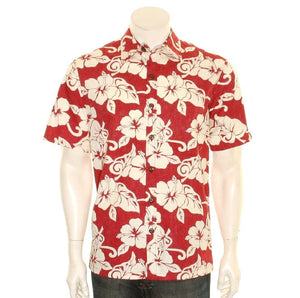 Men's Hibiscus Reverse Print Cotton Aloha Shirt H73615 ~ Red