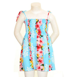 Girls Hawaiian Floral Panel Smock Dress - Blue