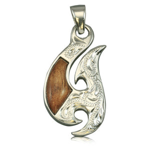 Sterling Silver 2 Sided Engraved Fancy Hawaiian Koa Wood Fish Hook Pendant