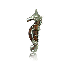 Sterling Silver Koa Wood CZ Sea Horse Pendant