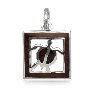 Sterling Silver Hawaiian Koa Wood Honu in Square Pendant