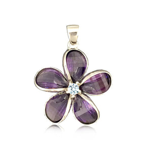 Sterling Silver Semi-Precious Purple Amethyst Plumeria Pendant~24mm